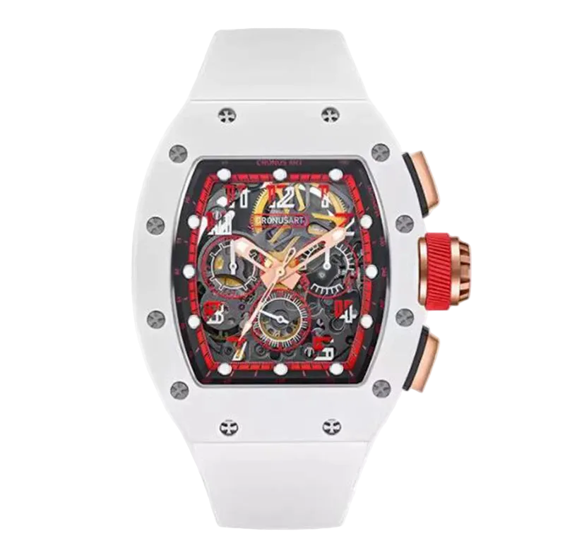 Luxury watch with white case and red accents on a white background