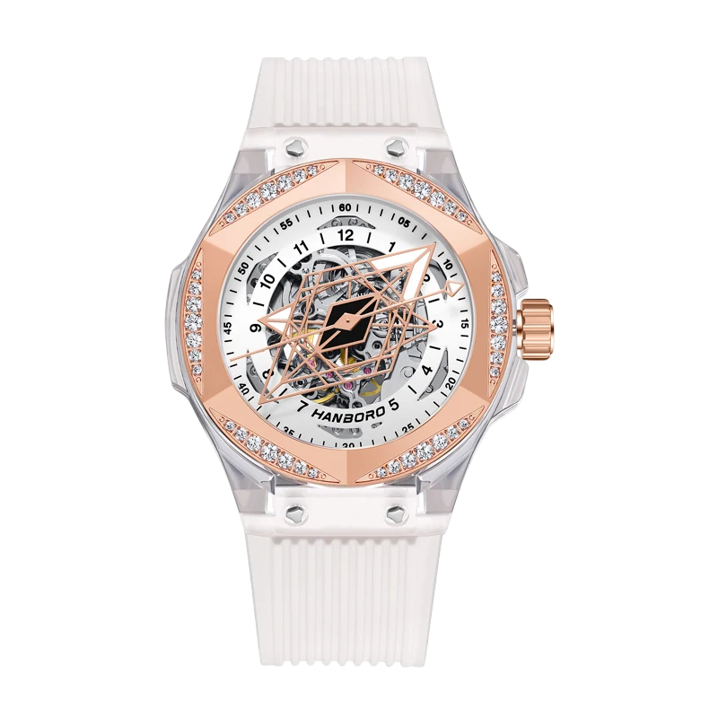 HANBORO 996-1 - Mechanica - rose gold, white strap, transparent case