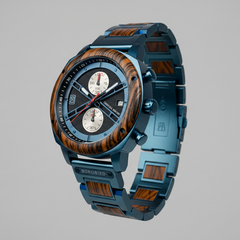 Luxury watch with wooden accents on a gray background