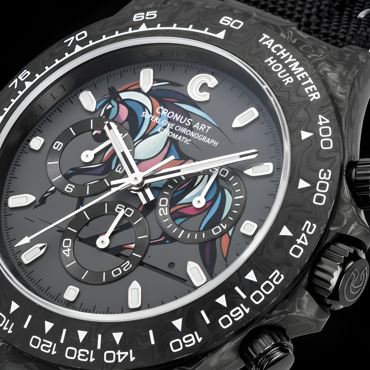 Macro close-up of Year of the Horse dial on Cronusart CM016-069 forged carbon automatic watch