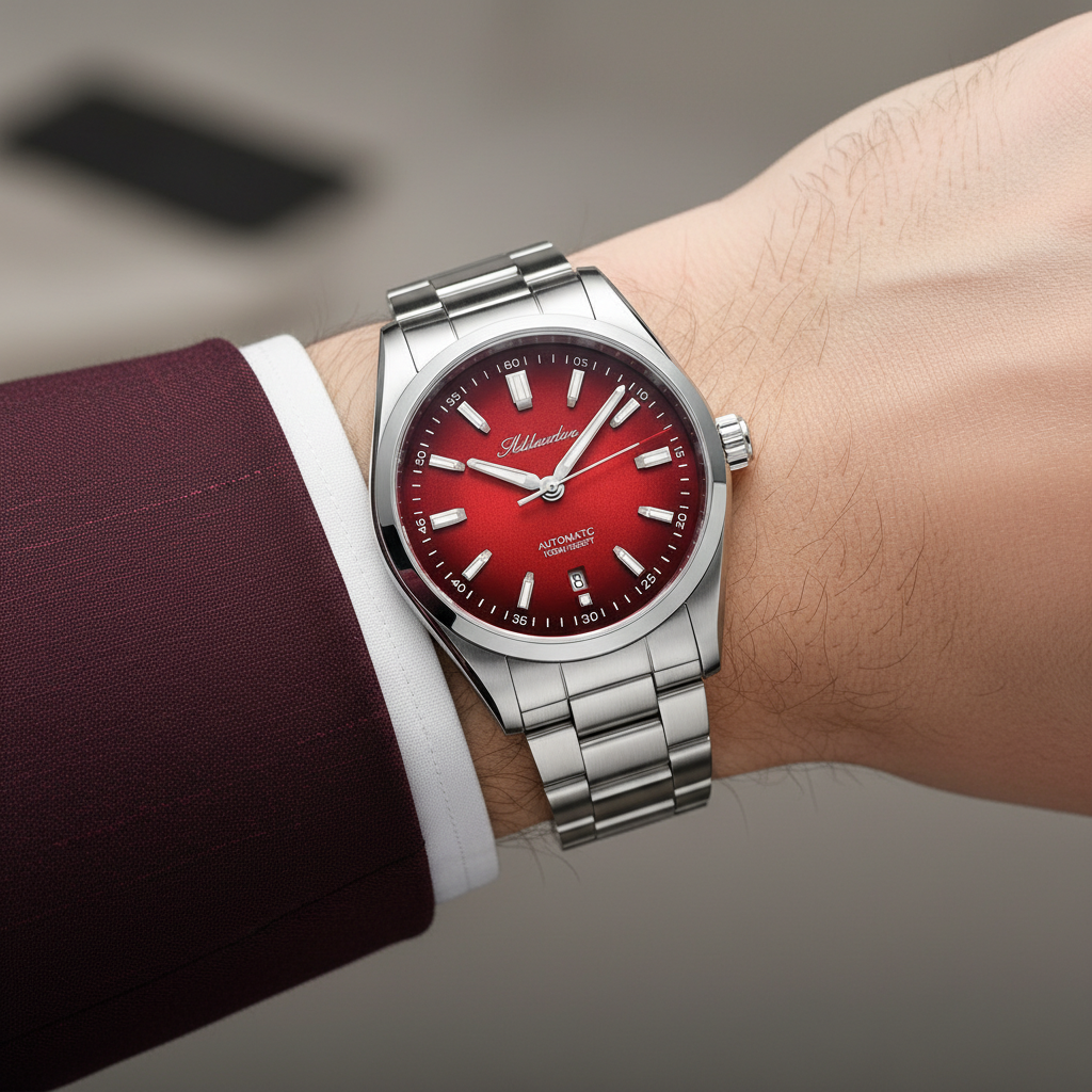 Red watch with silver bracelet on a wrist, blurred background