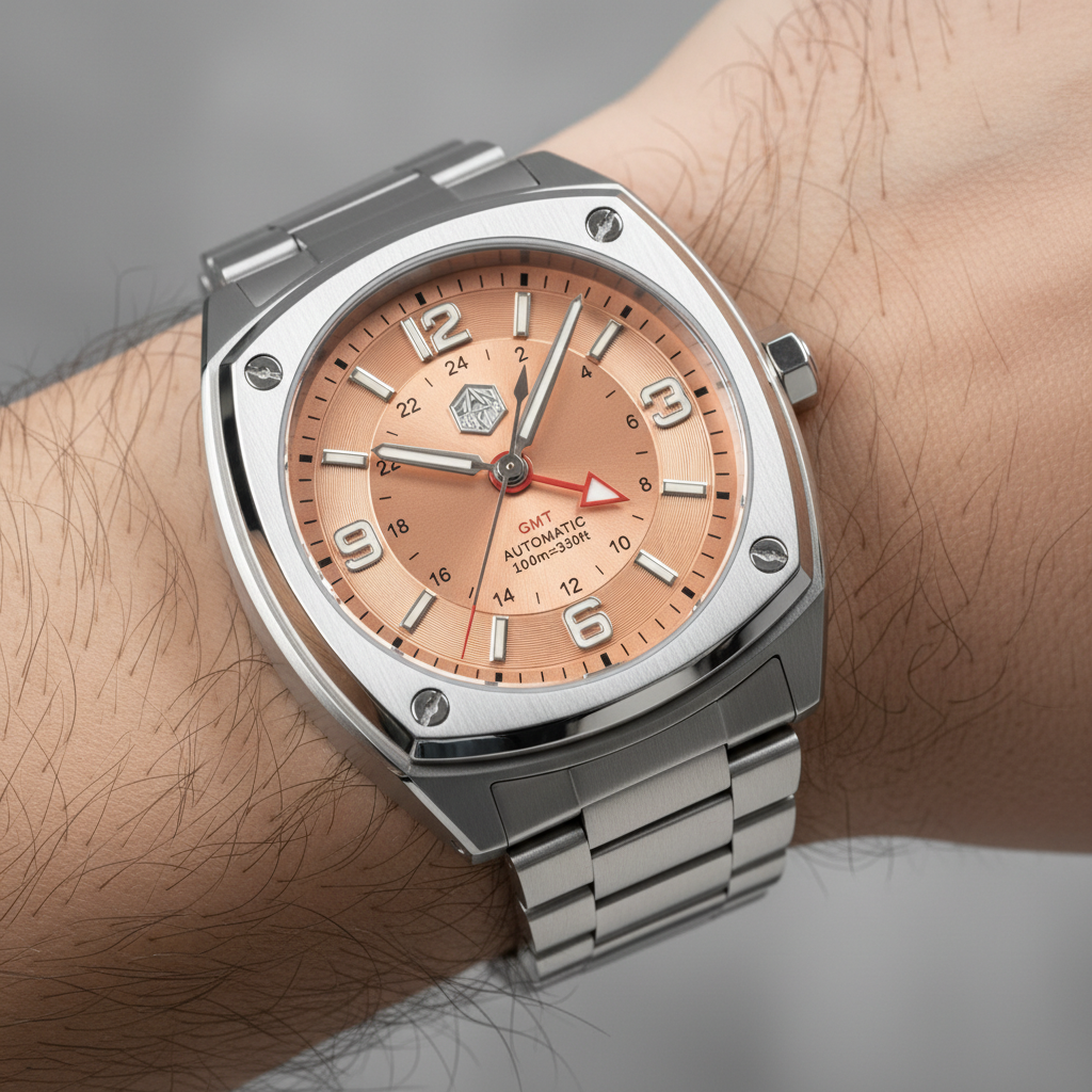 San Martin SN0026G GMT automatic watch worn on wrist showing salmon dial and stainless steel bracelet