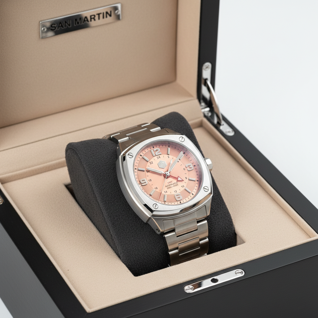 San Martin SN0026G GMT automatic watch for men displayed in its official presentation box