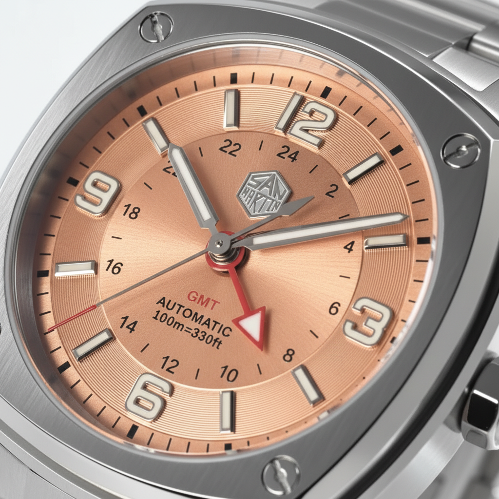San Martin SN0026G GMT watch dial close-up with salmon textured finish and luminous hour markers