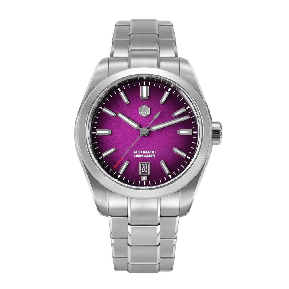 San Martin Horizon mvmt automatic watch with alarm and vibrant amethyst purple enamel dial.