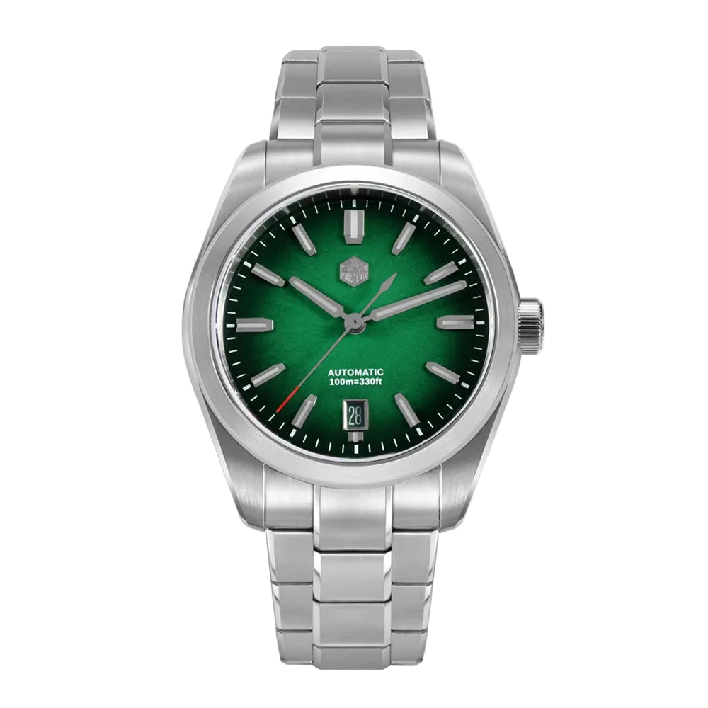 San Martin Horizon automatic mechanical watch with alarm featuring emerald green enamel dial and sapphire crystal.