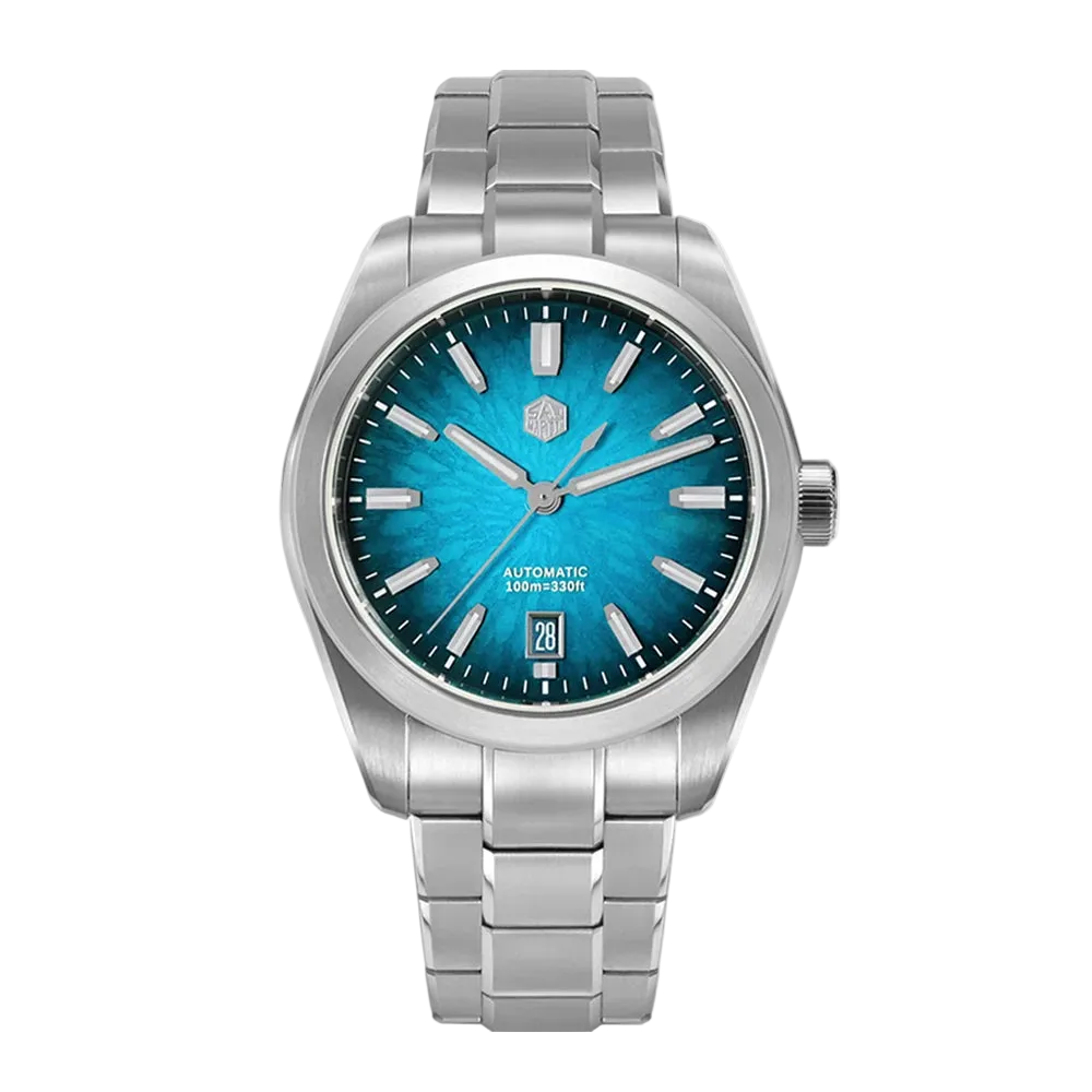 San Martin Horizon mechanical alarm wrist watch with lagoon blue enamel dial and polished steel bracelet.