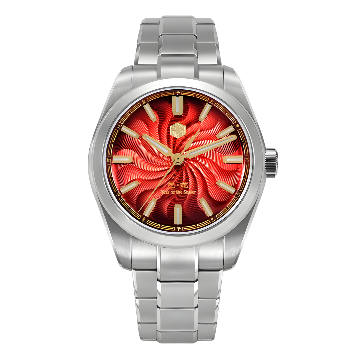 San Martin Snake Year Limited Edition automatic men’s watch with red guilloche dial, gold accents, 39mm stainless steel case.