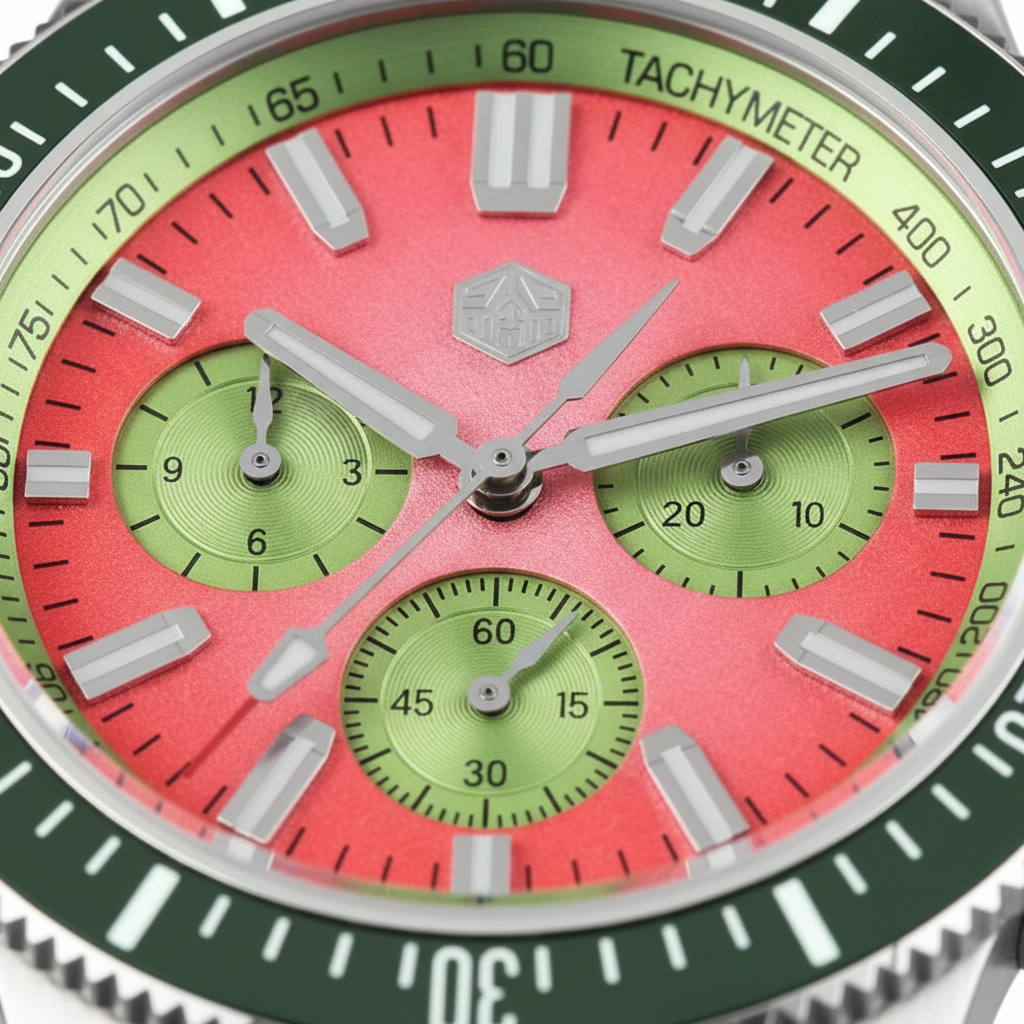 San Martin SL4801 chronograph diver watch dial close up highlighting pink textured dial green sub dials and tachymeter scale