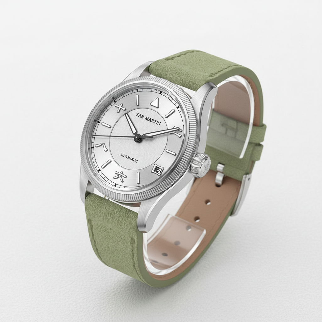 San Martin SN0033 - Pilot - silver dial, green strap angled
