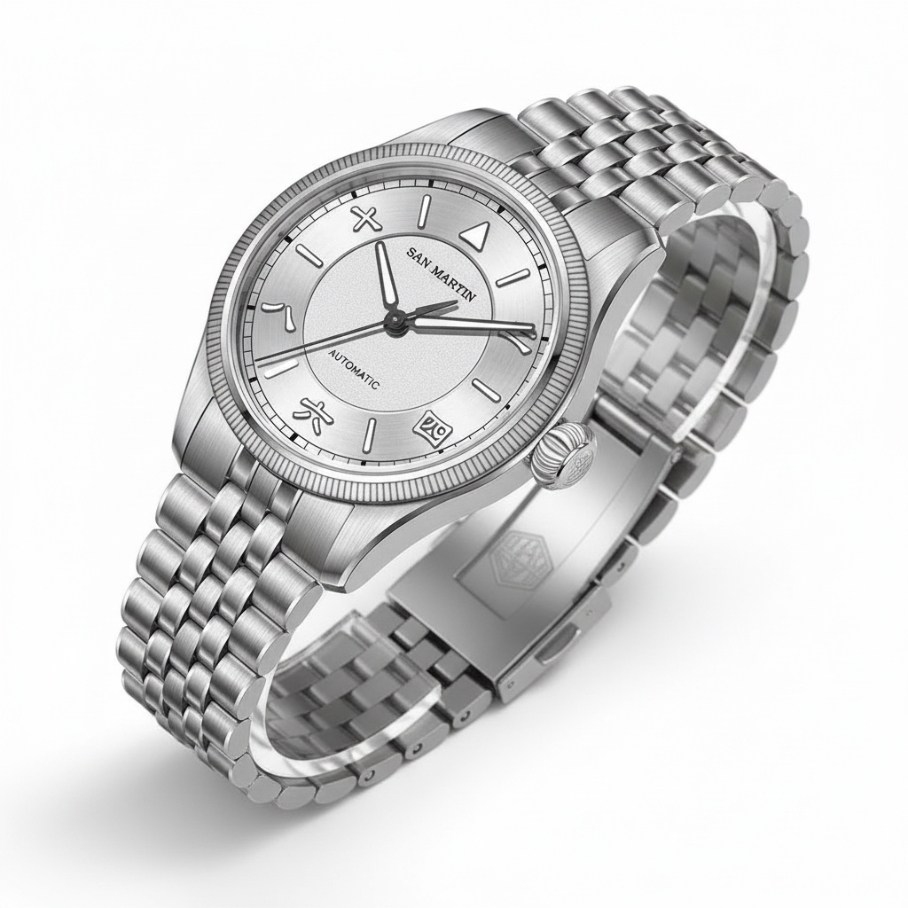 San Martin SN0033 - Pilot - silver dial, three quarter view