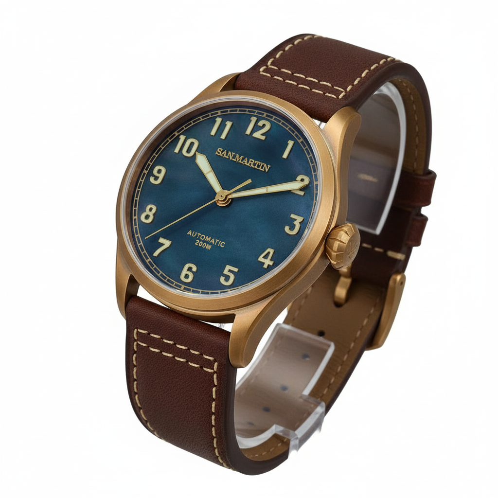 San Martin SN0043-Q - Bro - front abalone dial hree quarter view