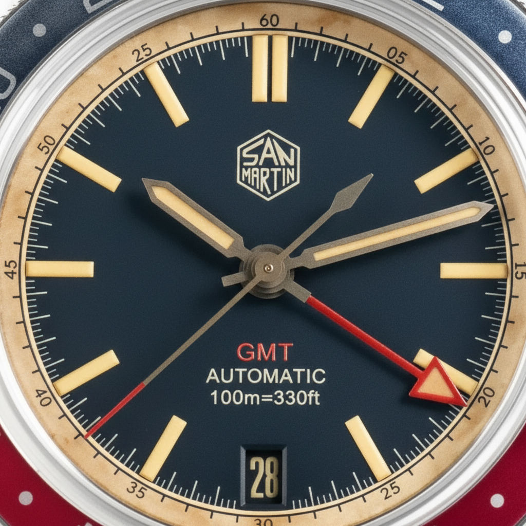 San Martin SN0116 Horizon Explorer GMT automatic watch close up of dark blue dial with luminous indices and red GMT hand