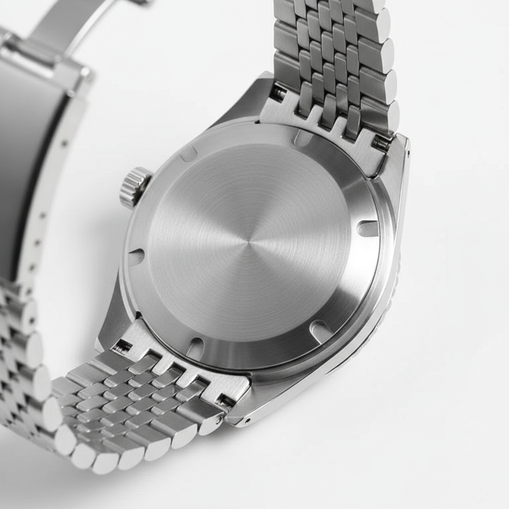 San Martin SN0116 Horizon Explorer GMT Dark Edition brushed stainless steel case back detail