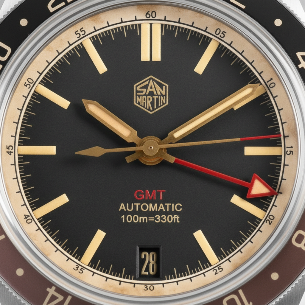 San Martin SN0116 Horizon Explorer GMT Dark Edition dial macro with gilt hour markers, red GMT hand, and date window