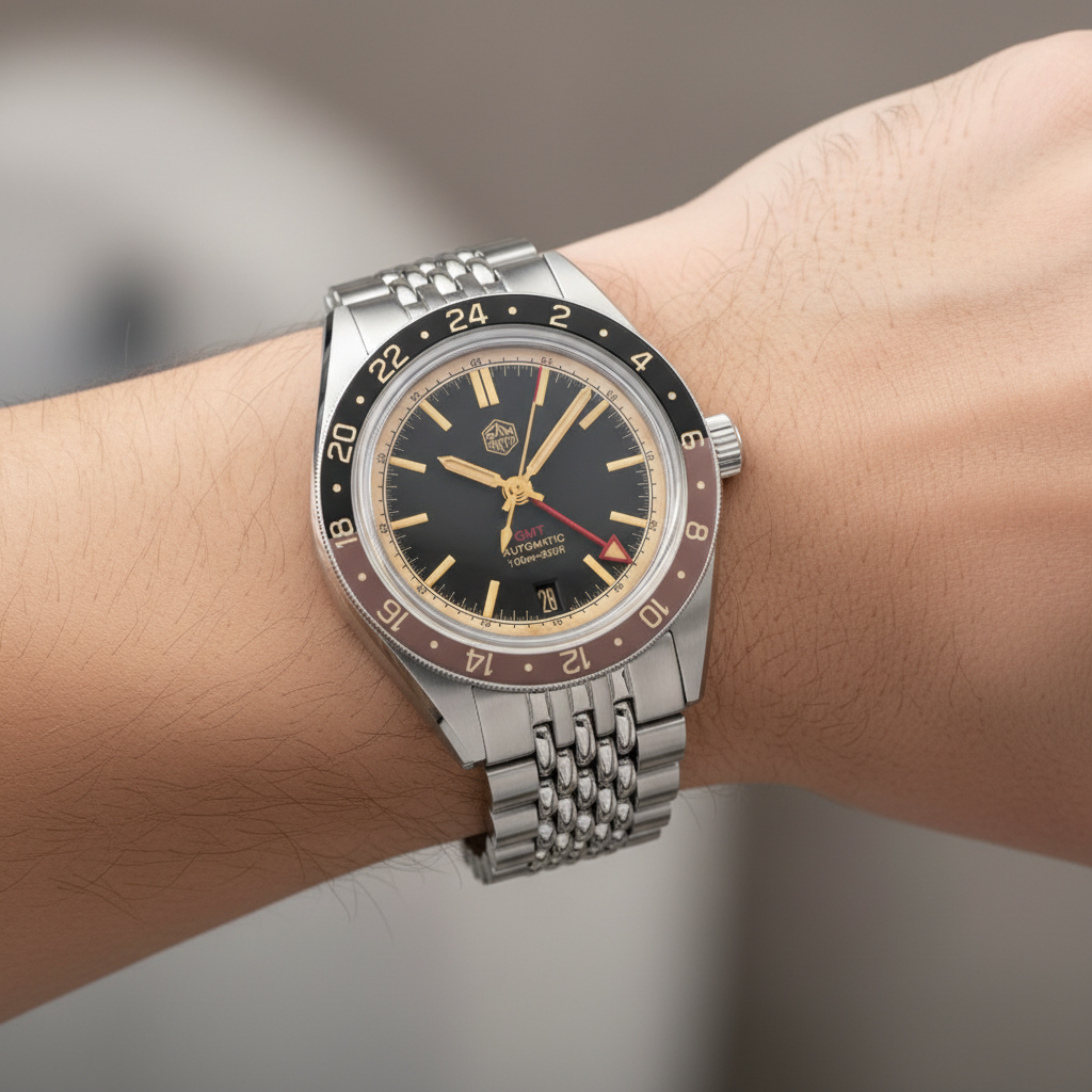 San Martin SN0116 Horizon Explorer GMT Dark Edition worn on wrist showcasing vintage GMT bezel and jubilee bracelet