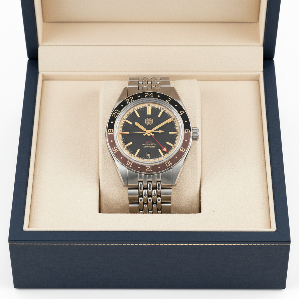 San Martin SN0116 Horizon Explorer GMT Dark Edition displayed inside original presentation box