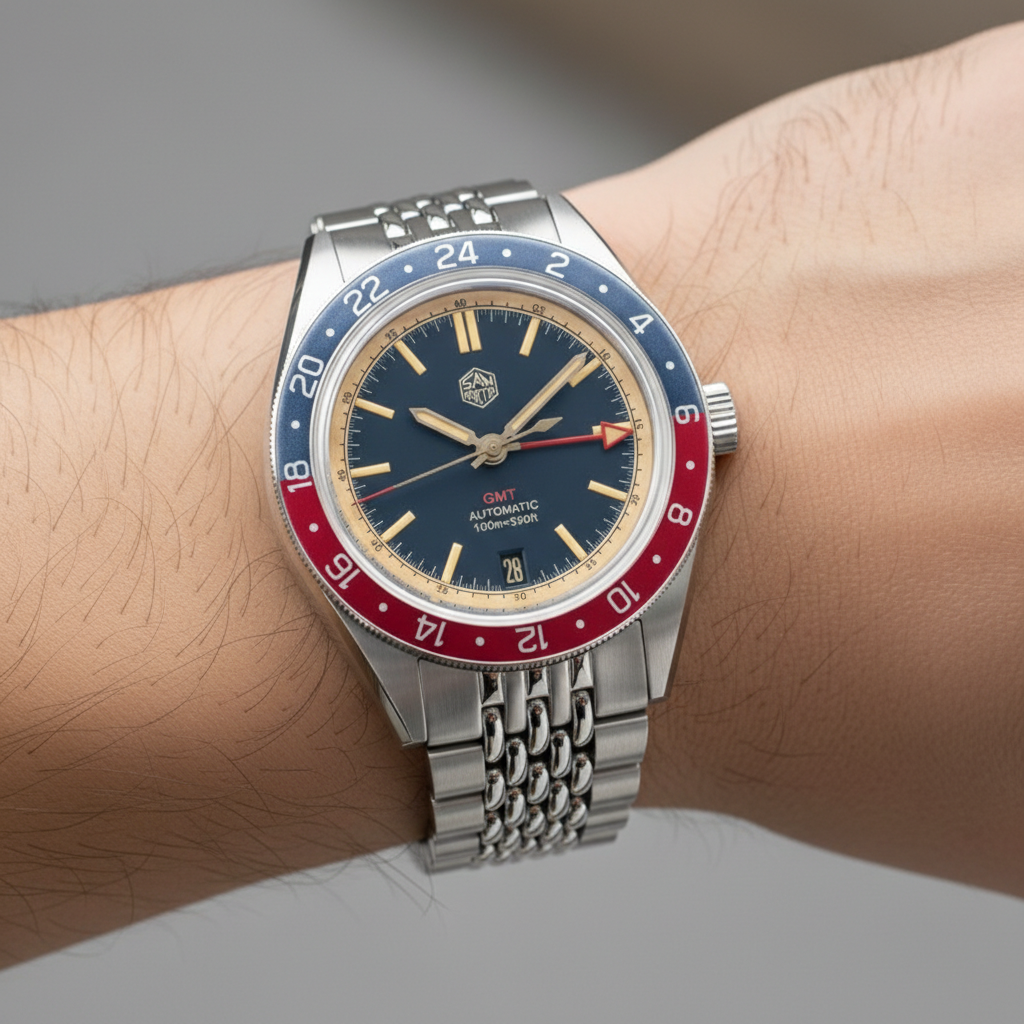 San Martin SN0116 Horizon Explorer GMT automatic watch worn on wrist showcasing dark blue dial and GMT bezel
