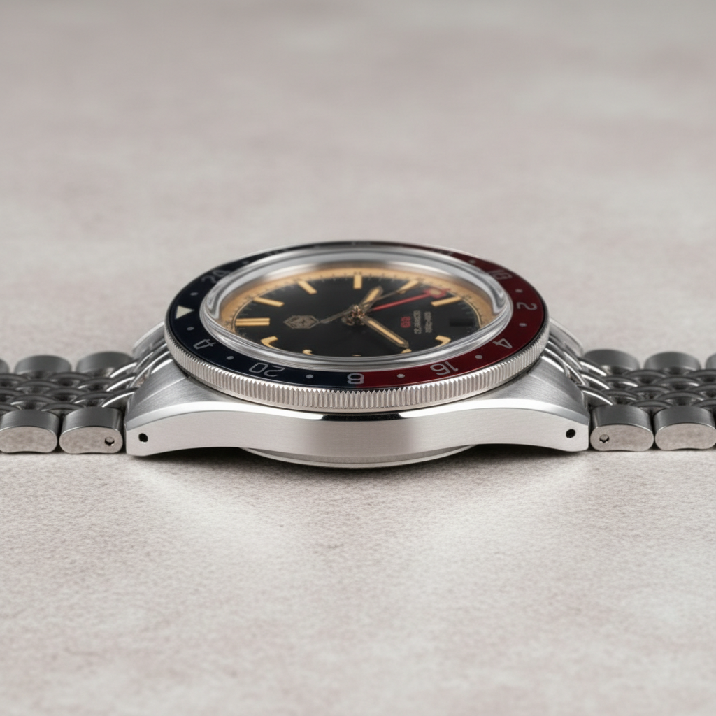 San Martin SN0116 Horizon Explorer GMT automatic watch showing stainless steel case thickness and domed crystal from side profile