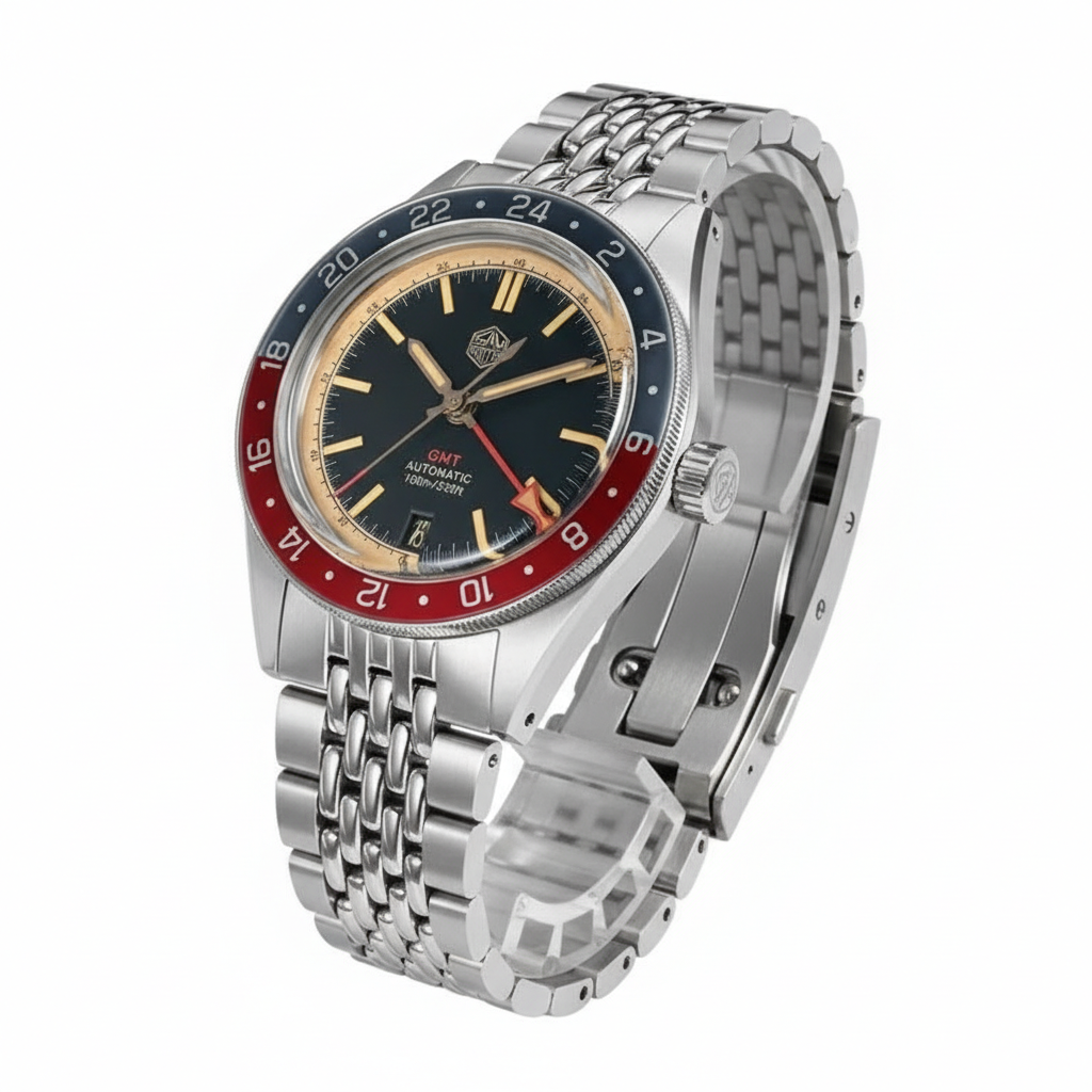 San Martin SN0116 Horizon Explorer GMT automatic watch in dark blue edition with stainless steel bracelet shown in three quarter view