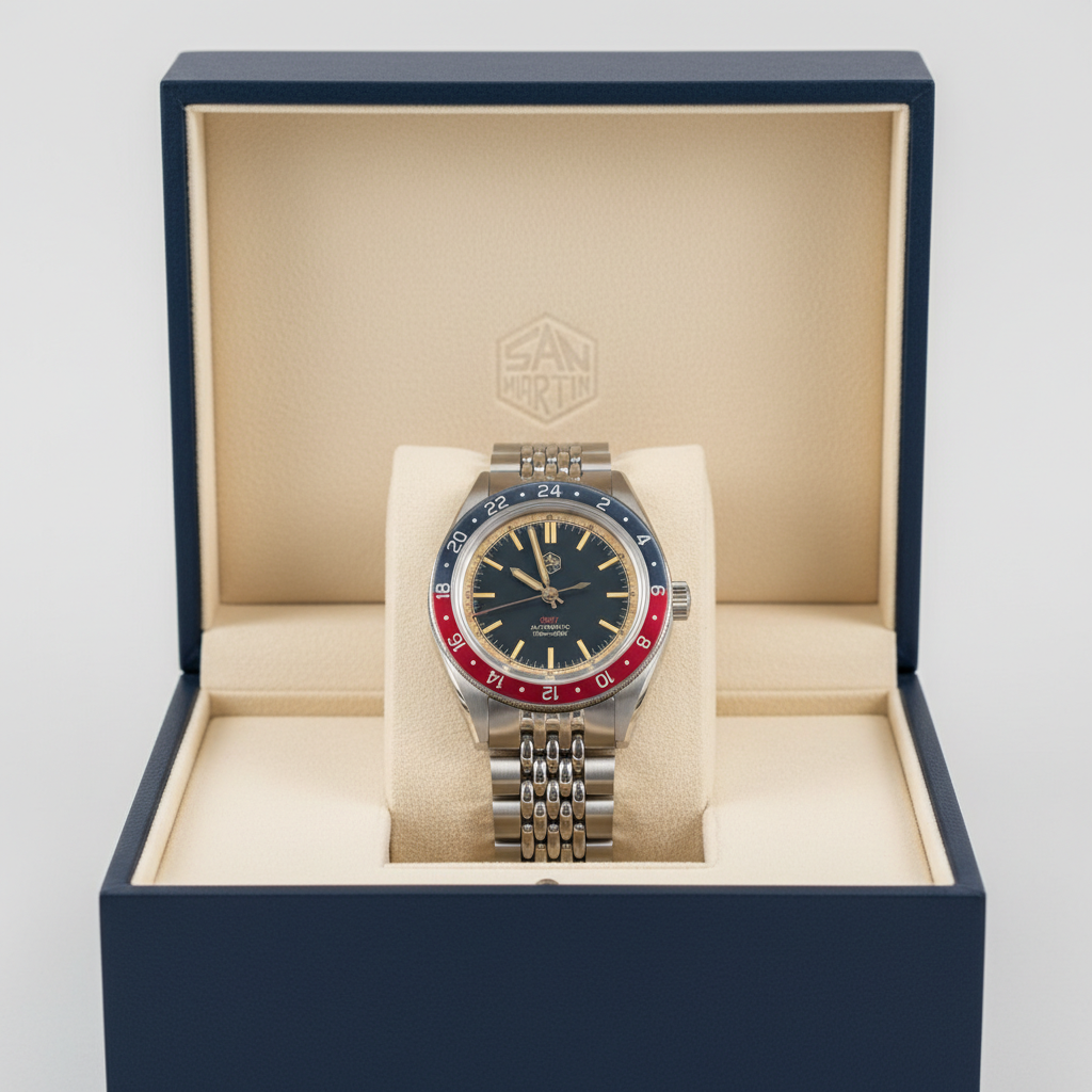 San Martin SN0116 Horizon Explorer GMT automatic watch dark blue edition displayed inside official presentation box
