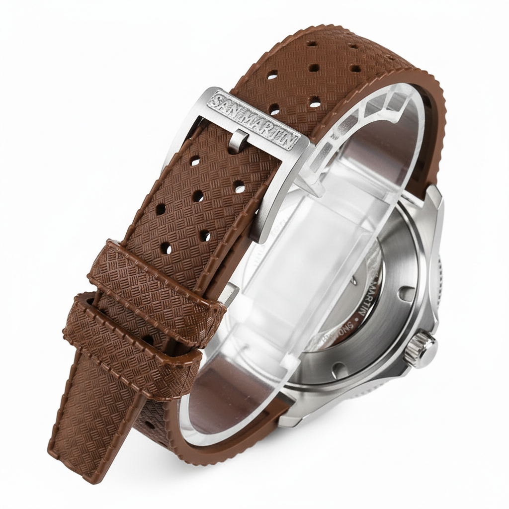 San Martin SN0118-G Crimson Tide automatic watch brown strap with textured finish and San Martin signed buckle