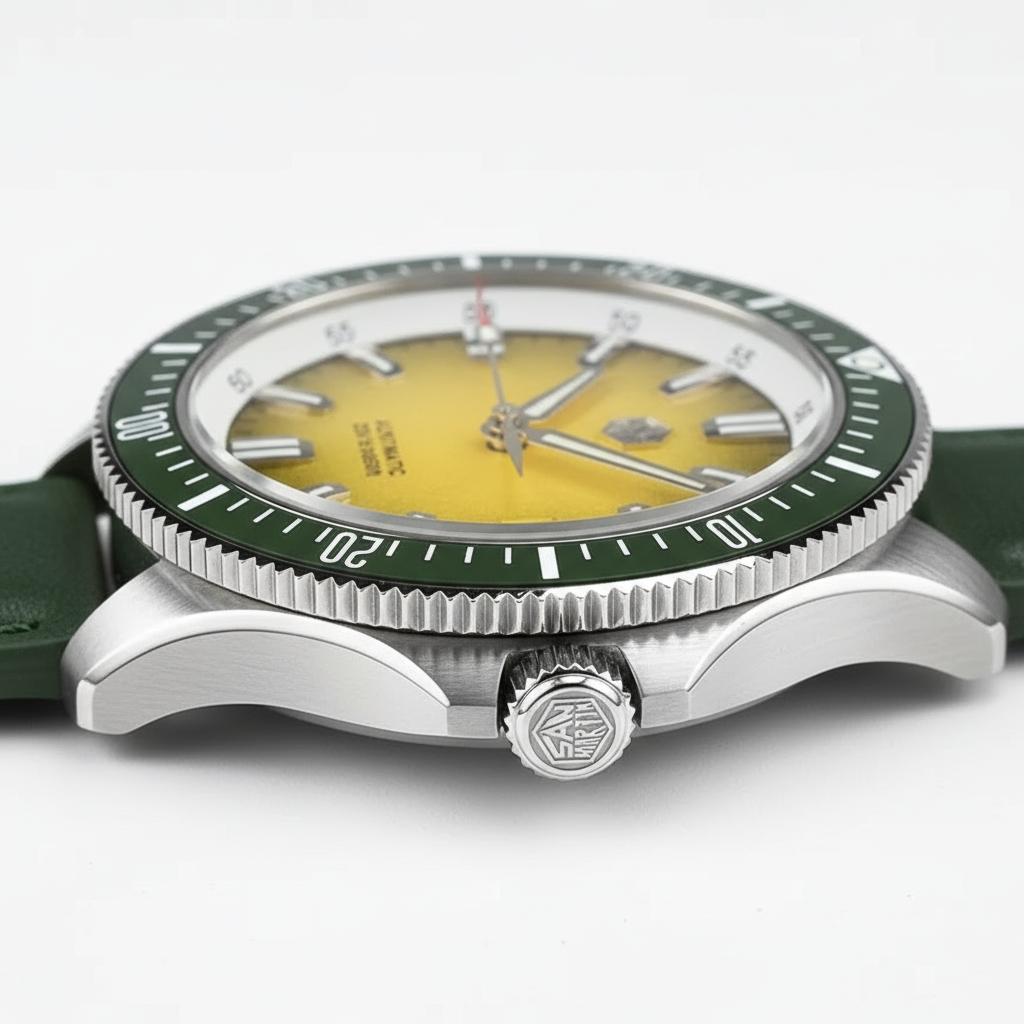 San Martin SN0118-G Crimson Tide automatic watch horizontal side profile showing slim stainless steel case design