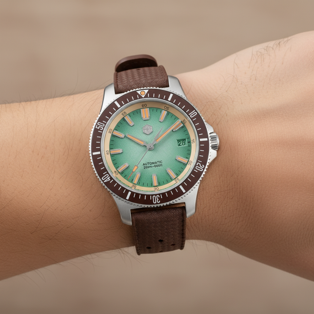 San Martin SN0118-G Crimson Tide automatic watch ultra macro shot highlighting dial texture, luminous markers and hands