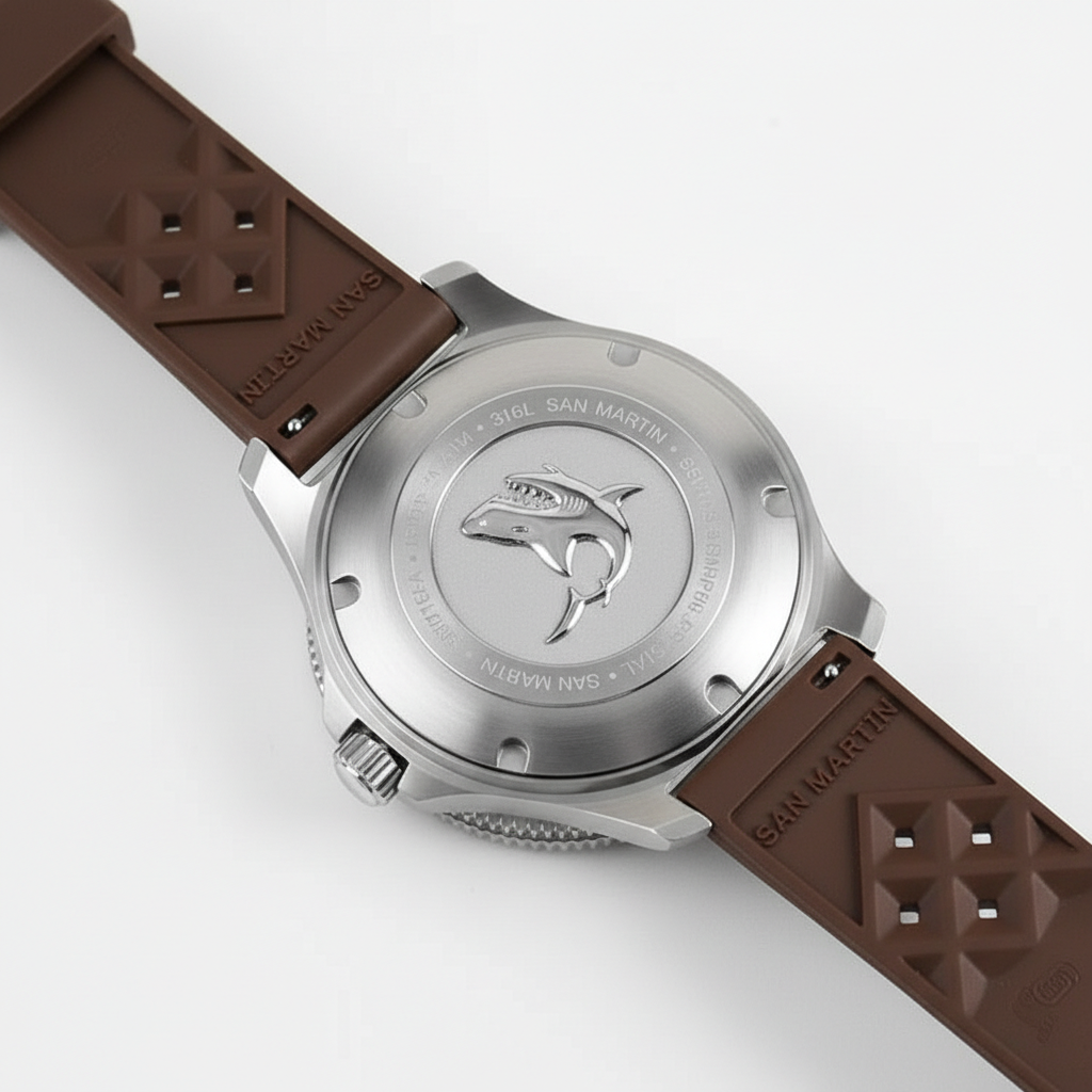 San Martin SN0118-G Crimson Tide automatic watch stainless steel case back with engraved shark logo