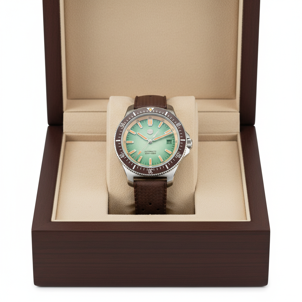 San Martin SN0118-G Crimson Tide automatic watch displayed in premium presentation box