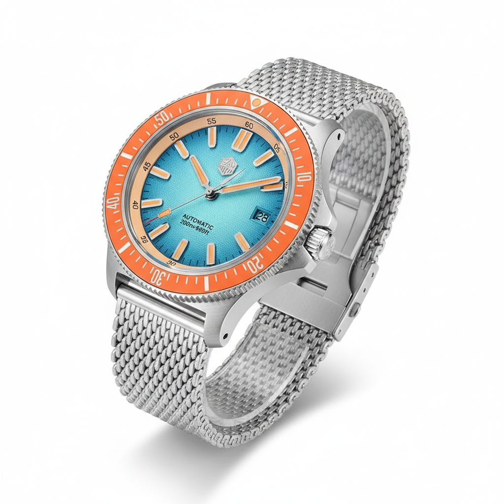 San Martin SN0118 - Autom - orange blue dial three quarter view