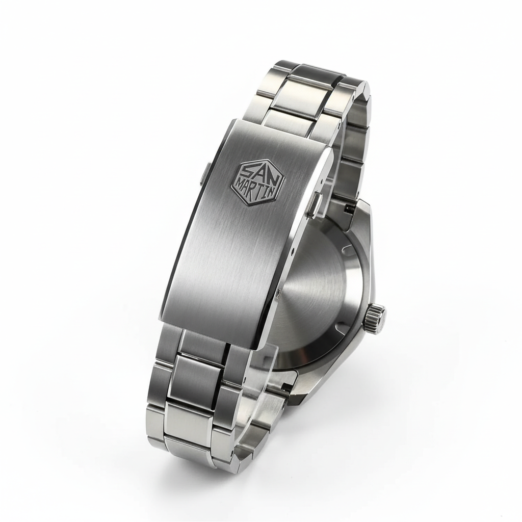 Stainless steel clasp detail of San Martin SN0129-G-B GMT watch with brushed finish and engraved logo