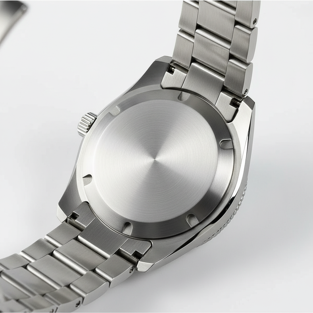 Rear view of San Martin SN0129-G-B GMT automatic watch showing solid stainless steel caseback and bracelet attachment