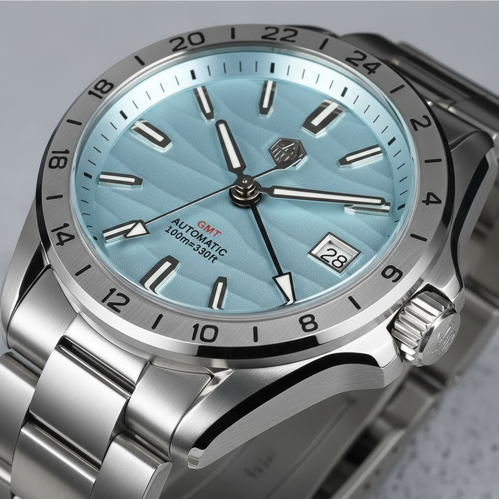 Silver watch with a light blue face on a gray background