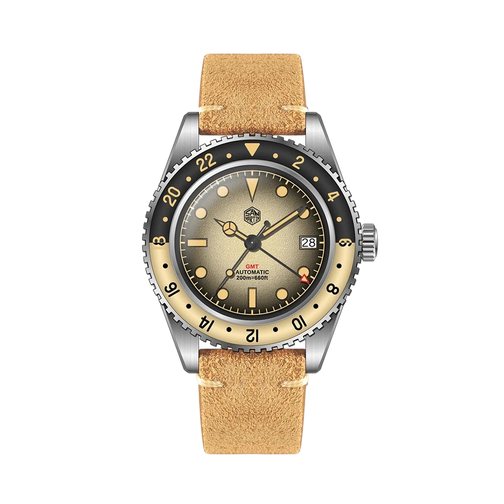 Watch with beige strap and black dial on a white background
