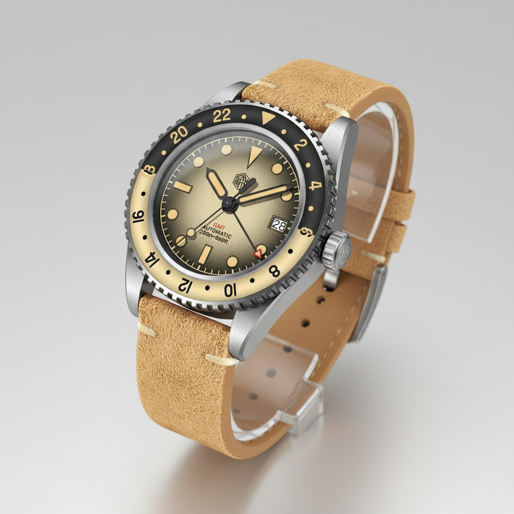 San Martin SN0134 - GMT A - brown dial, suede strap Angled