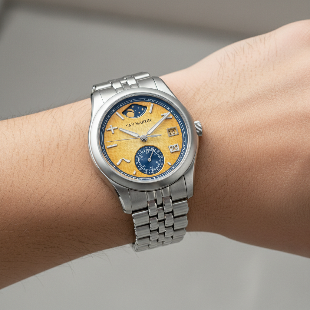San Martin SN0144-DG automatic mechanical watch worn on wrist, showcasing yellow dial, power reserve complication, and stainless steel bracelet