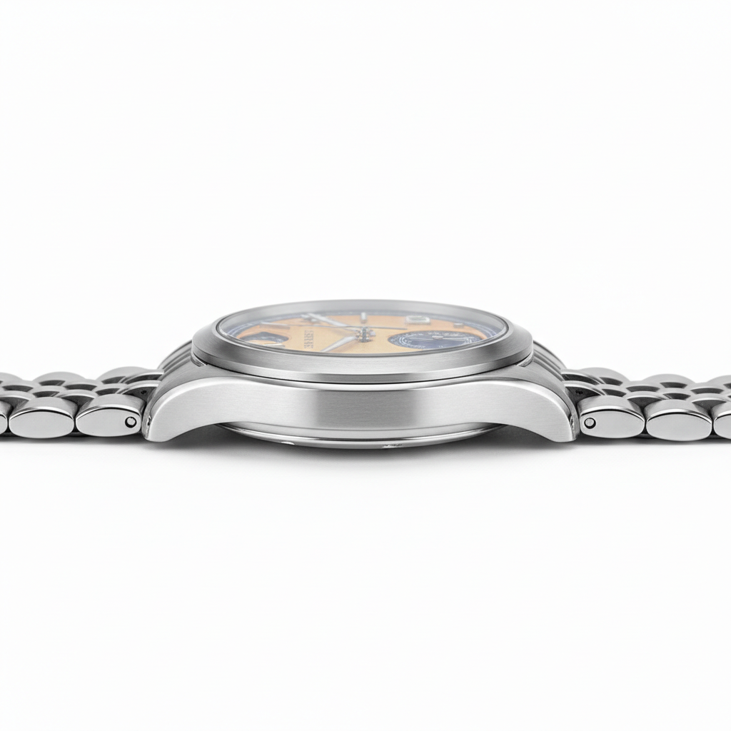 Side profile of the San Martin SN0144-DG automatic watch highlighting slim case design, sapphire crystal, and stainless steel bracelet