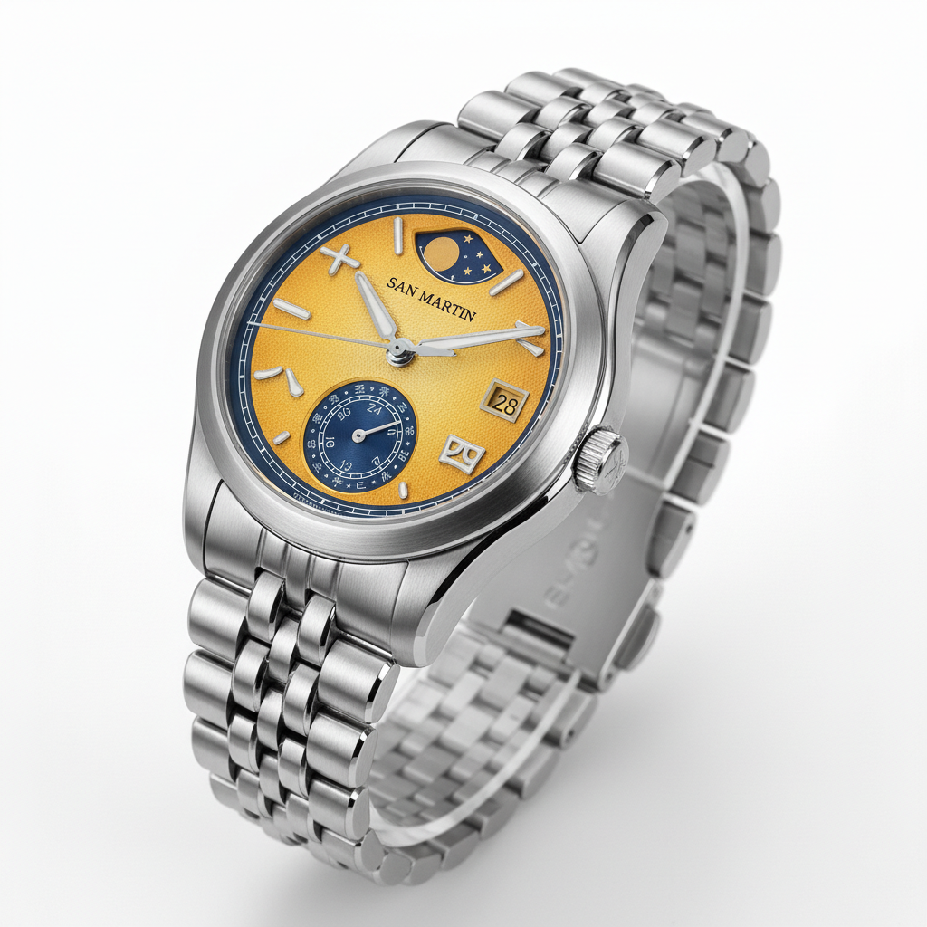 Three-quarter angle view of the San Martin SN0144-DG mechanical watch highlighting case curvature, yellow dial texture, and bracelet integration