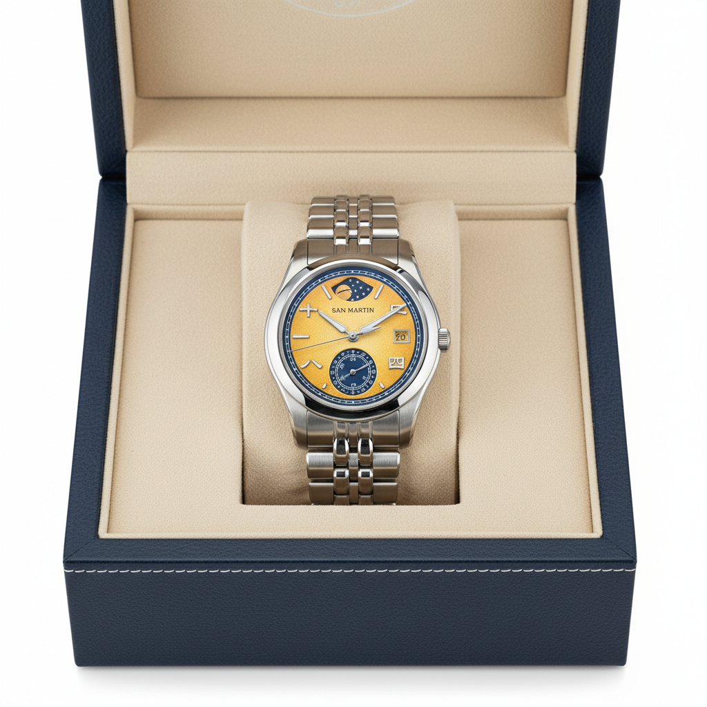 San Martin SN0144-DG automatic mechanical watch displayed in its presentation box with yellow textured dial, power reserve indicator, and stainless steel bracelet
