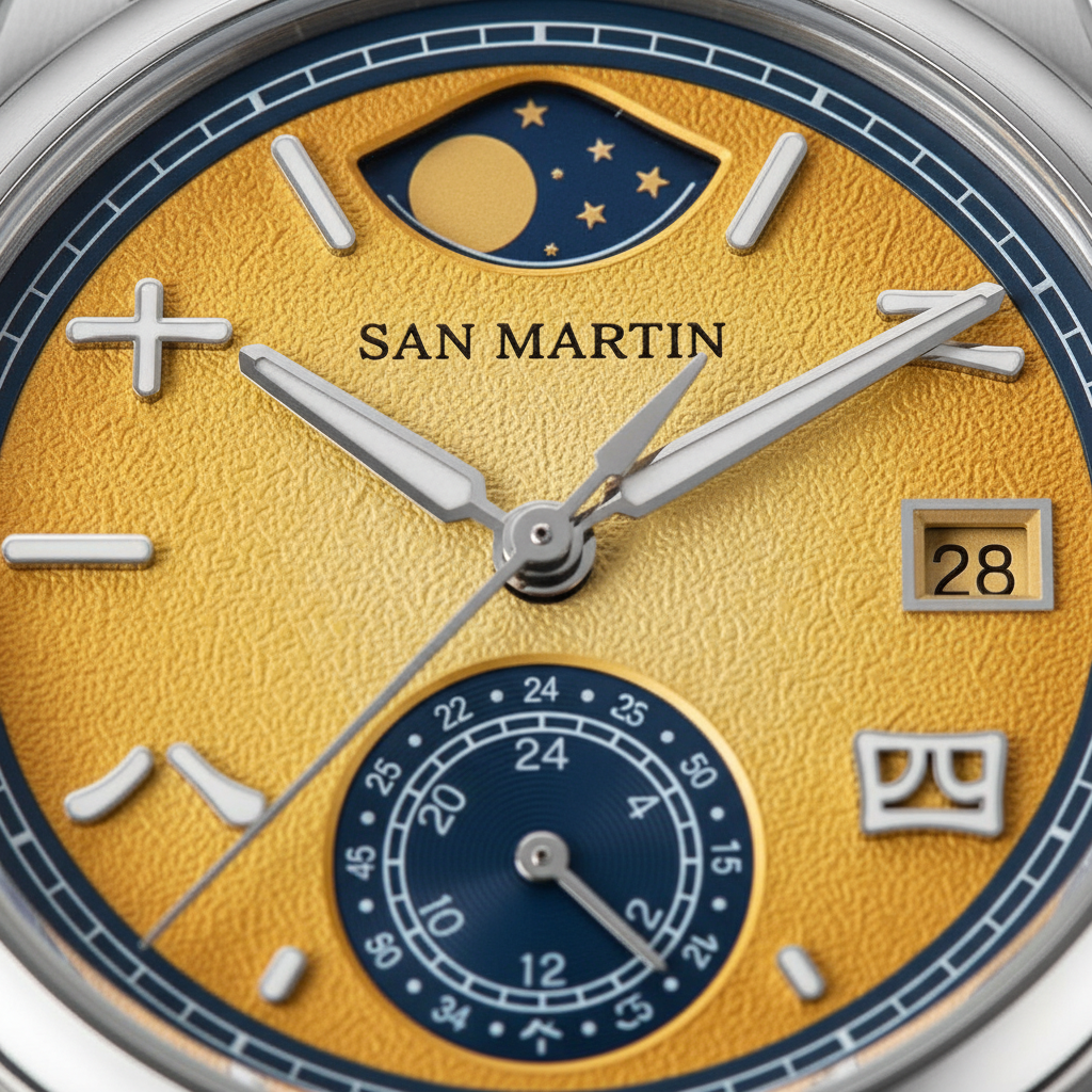 Macro shot of the San Martin SN0144-DG yellow textured dial featuring power reserve indicator, sub-dial, moon phase display, and applied indices