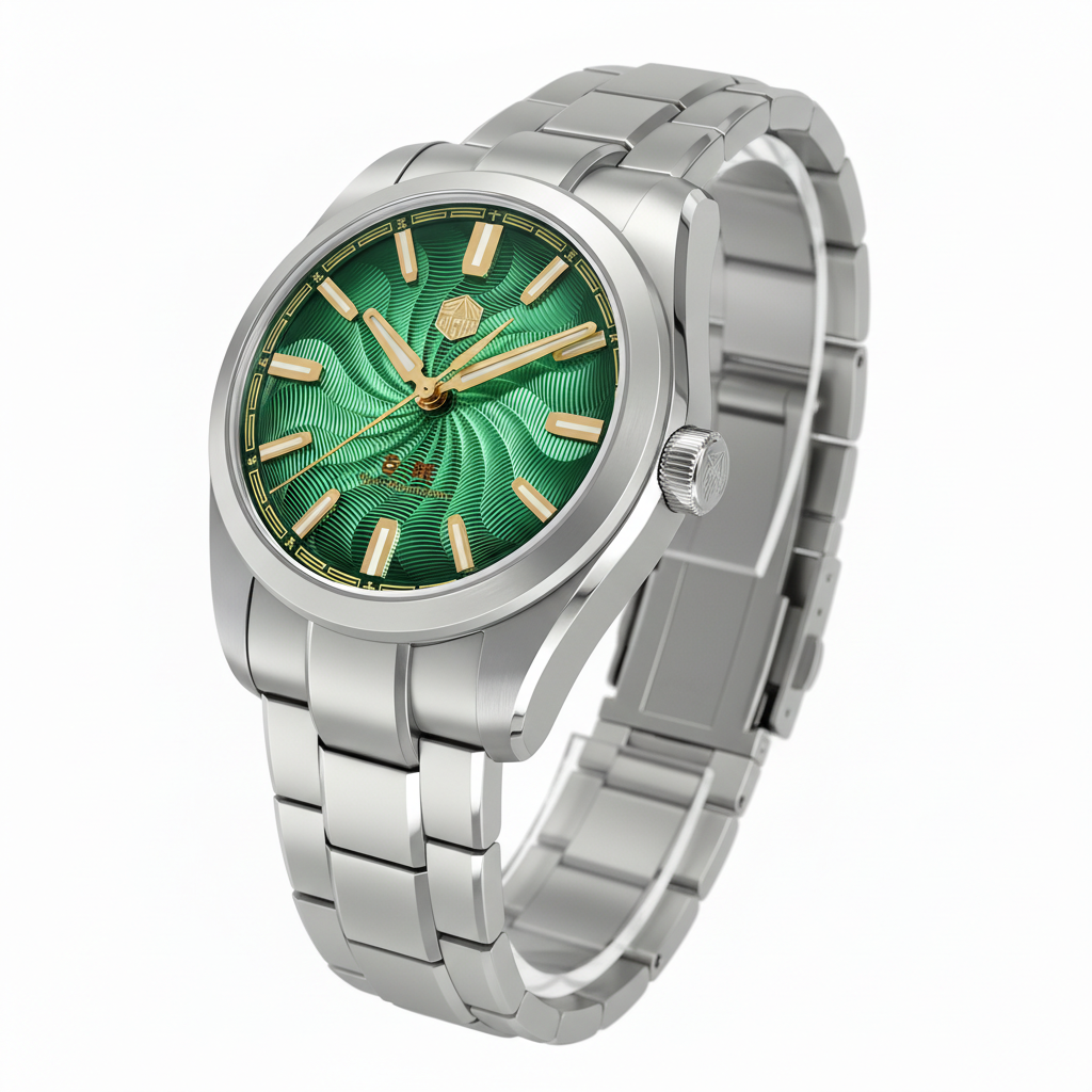 San Martin SN0144-GX6 automatic men’s watch green guilloche dial with gold hands shown in three quarter angle