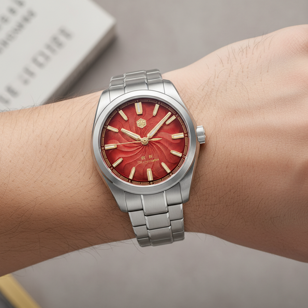 San Martin SN0144-GX6 automatic men’s watch red guilloche dial worn on wrist showing stainless steel case and bracelet