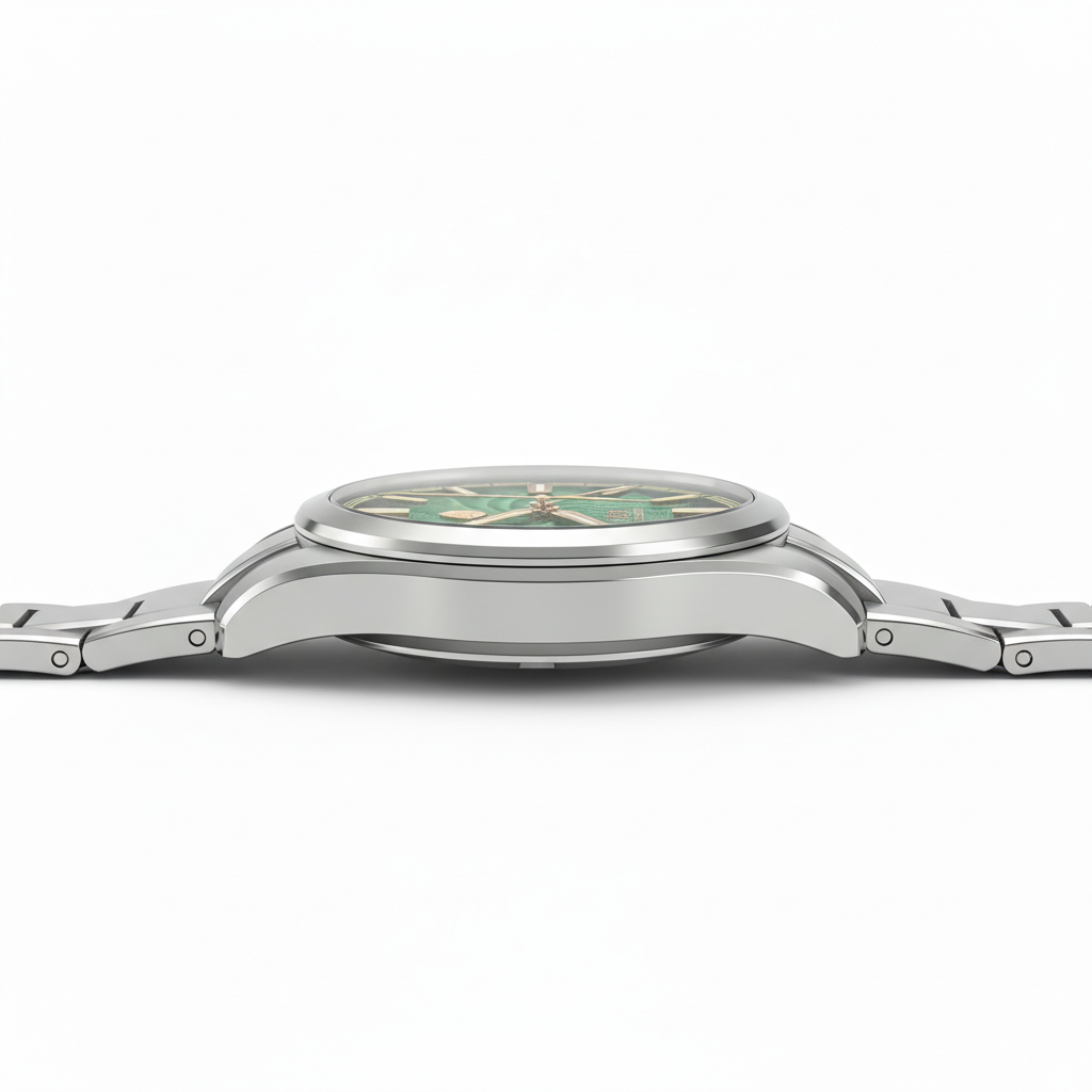 San Martin SN0144-GX6 automatic men’s watch side profile view highlighting polished stainless steel case thickness and crown