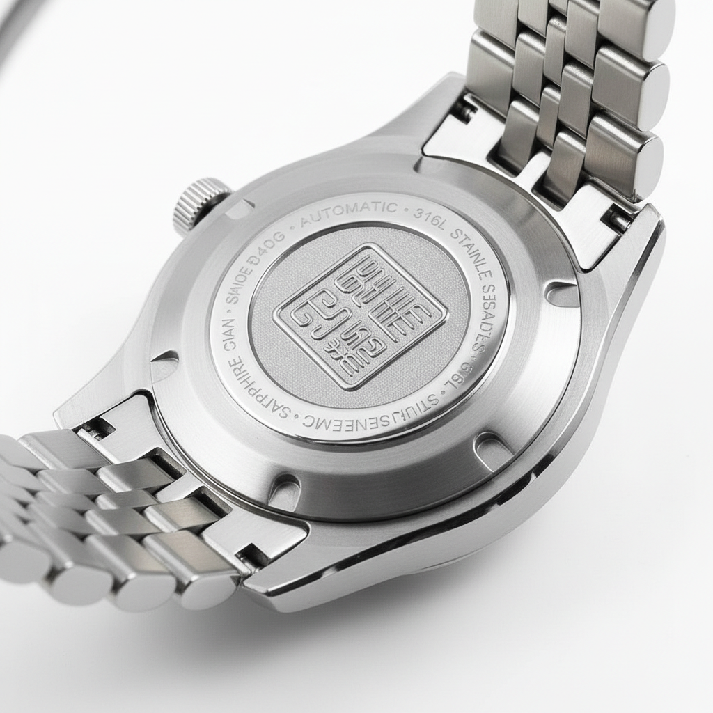San Martin SN0144GS automatic watch case back in stainless steel showing engraved specifications and solid construction