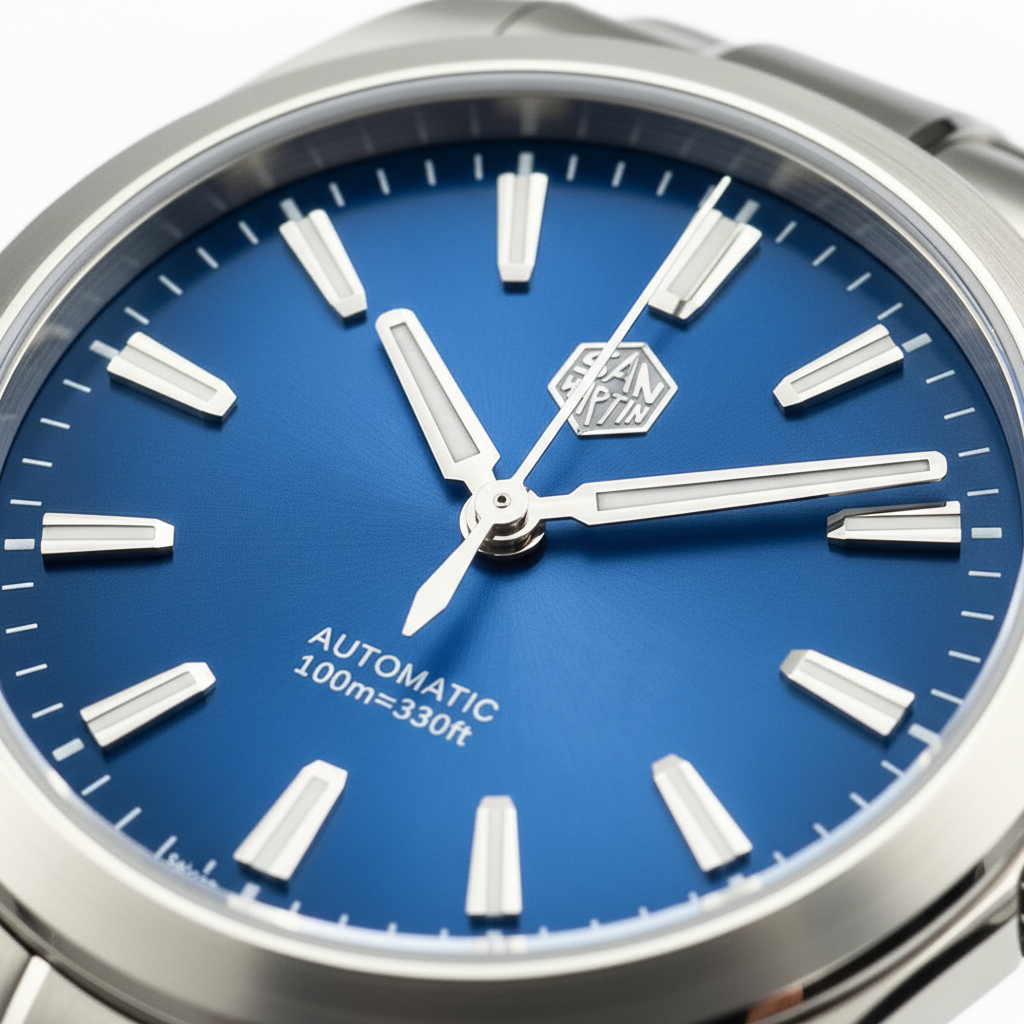 San Martin SN0144 GX4 luxury automatic watch for men with blue sunburst dial, applied silver hour markers, polished hands, and refined automatic movement detailing
