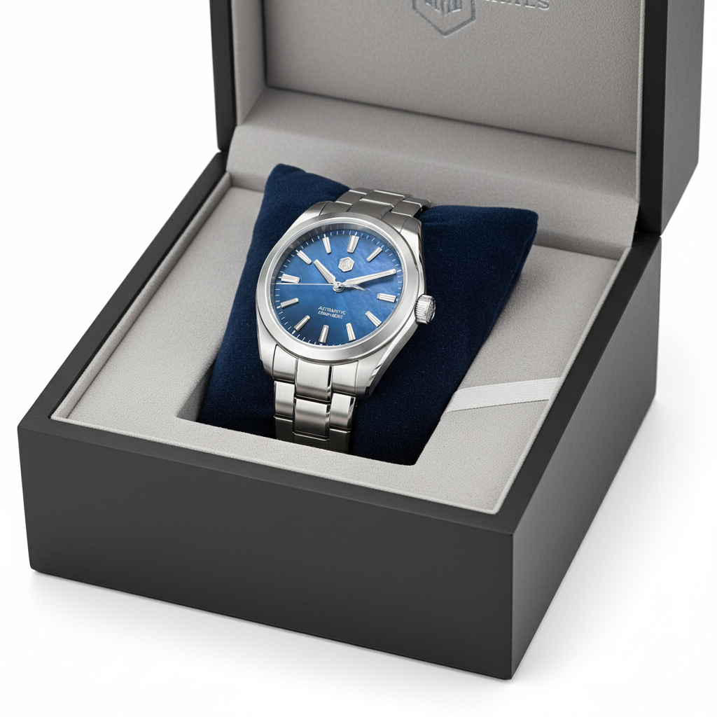 San Martin SN0144 GX4 luxury automatic watch for men displayed in premium presentation box, highlighting blue dial and stainless steel bracelet