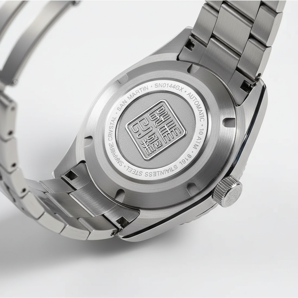 San Martin SN0144 GX4 luxury automatic watch for men with engraved stainless steel caseback and automatic movement markings
