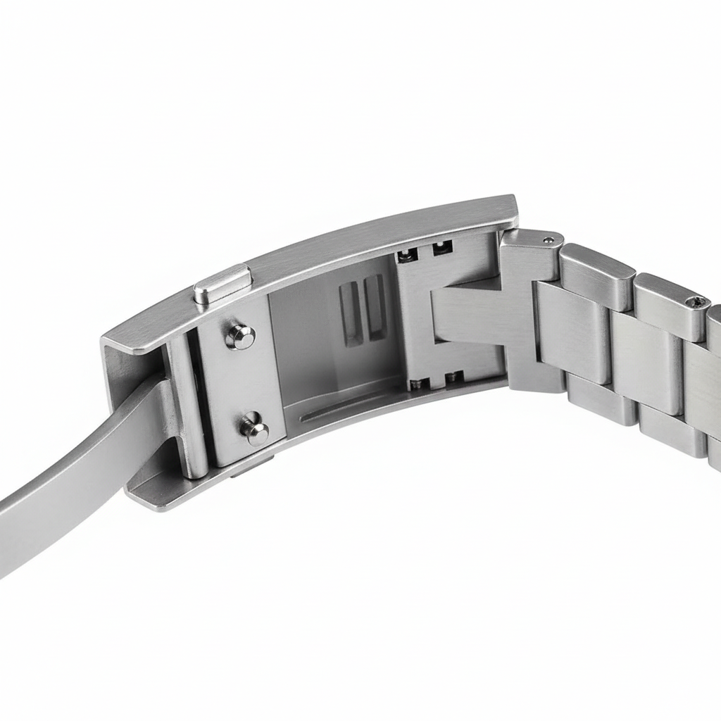 San Martin SN0144 GX4 automatic men’s watch showing stainless steel folding clasp open mechanism detail