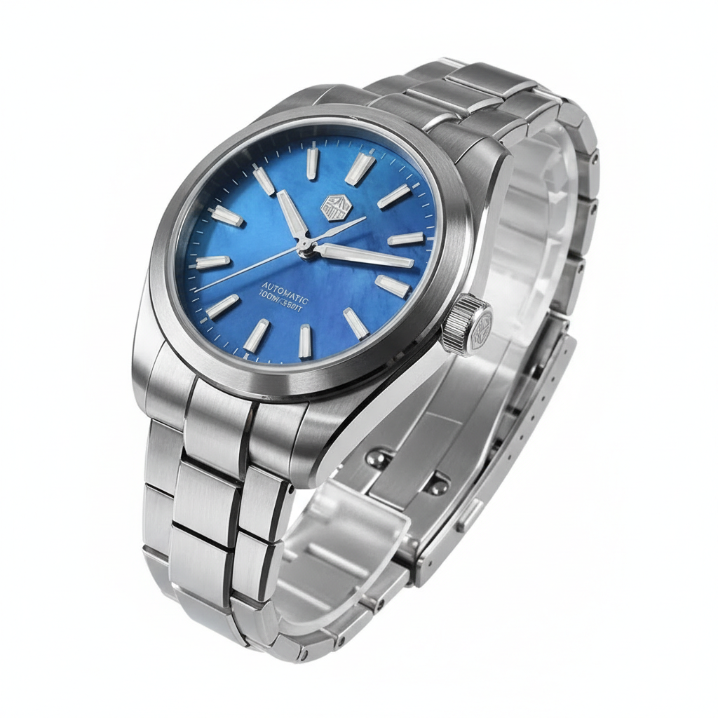 San Martin SN0144 GX4 luxury automatic watch for men photographed at three quarter angle, featuring blue dial, brushed steel bracelet, and refined case finishing